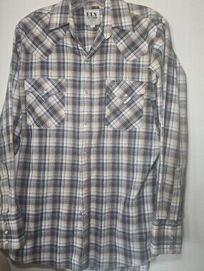 Ely Cattleman Brown, White & Blue Plaid Snap-Front Western Shirt Sz SM